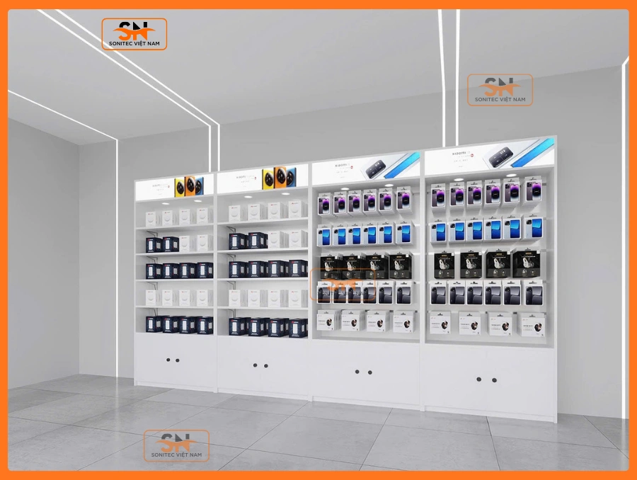 Mẫu kệ điện thoại đẹp kết hợp gỗ và khung sắt chắc chắn