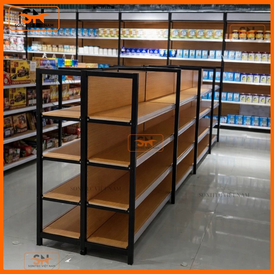 Kệ đôi siêu thị khung sắt mâm gỗ