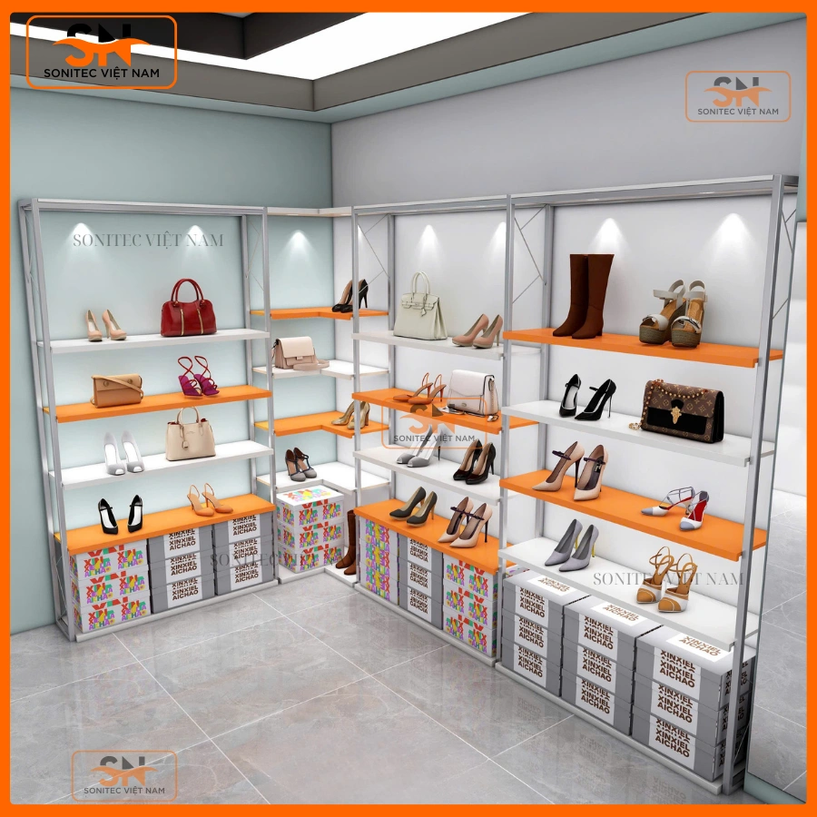 Thiết kế kệ giày dép cho shop phối ánh sáng