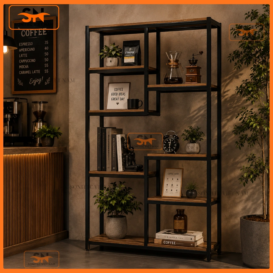 Mẫu giá kệ quán cafe bền bỉ