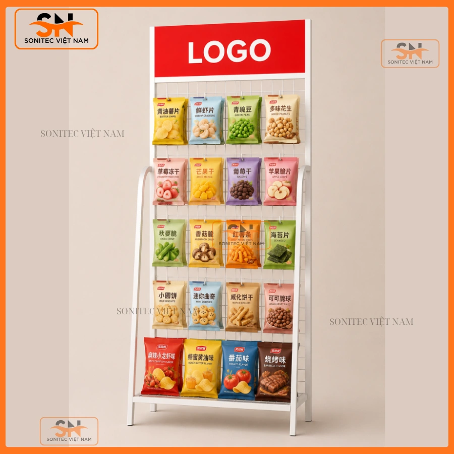 Giá kệ để đồ ăn vặt có logo