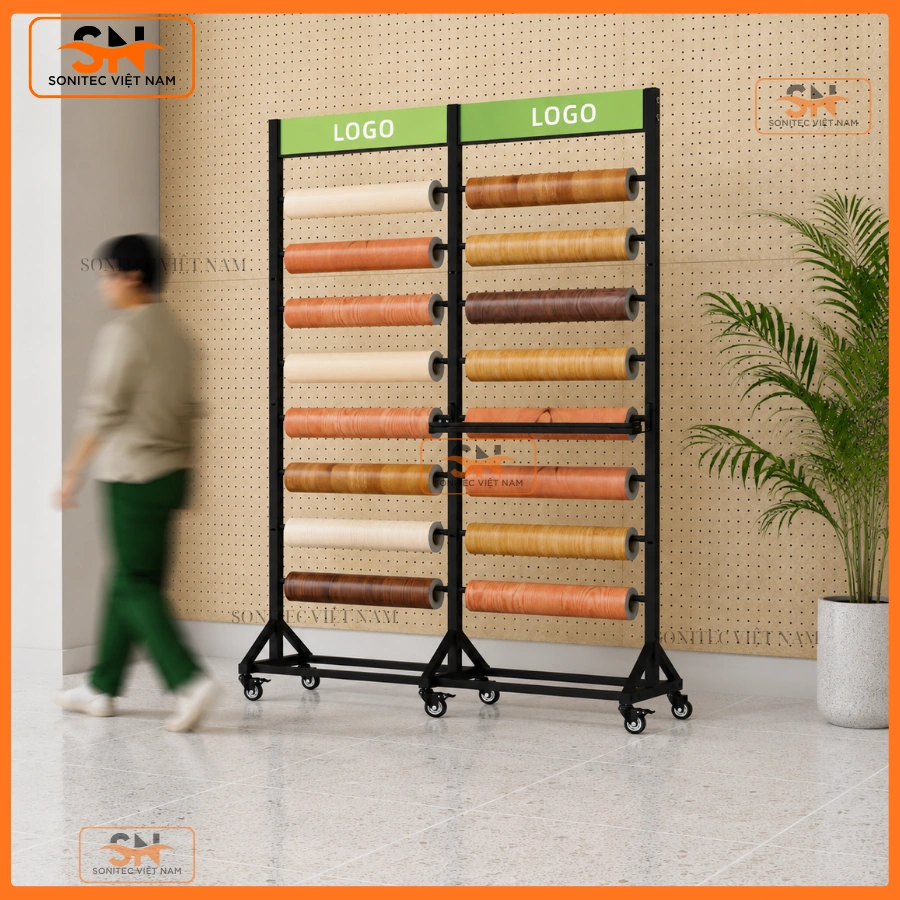 Giá kệ trưng bày cuộn có logo chất lượng