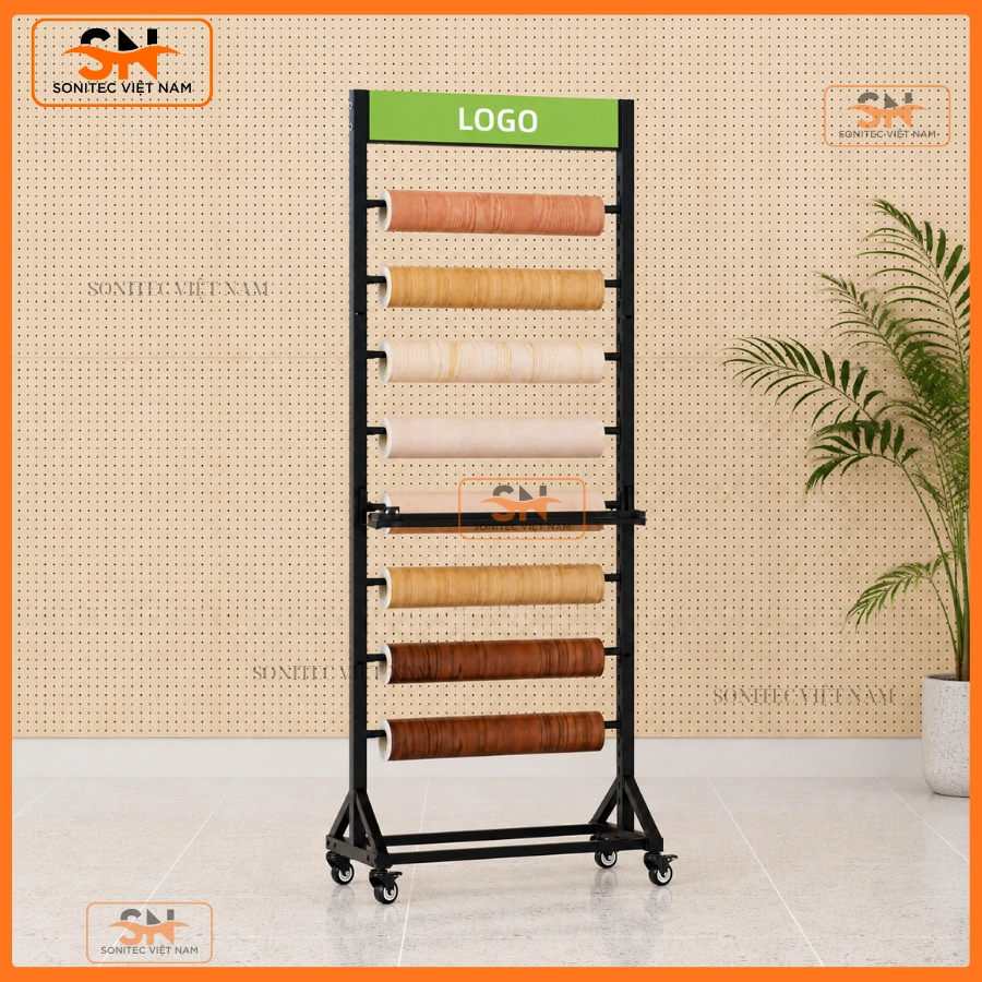 Giá kệ trưng bày cuộn có logo bền, đẹp