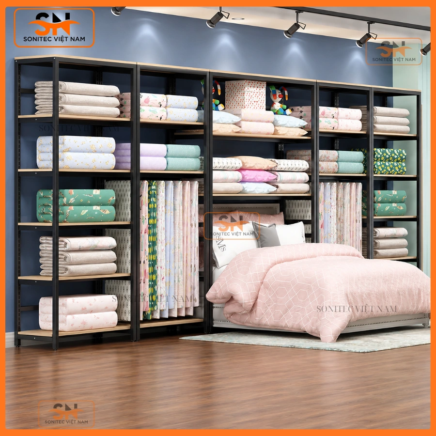 Cách thiết kế giá kệ chăn ga gối thẩm mỹ