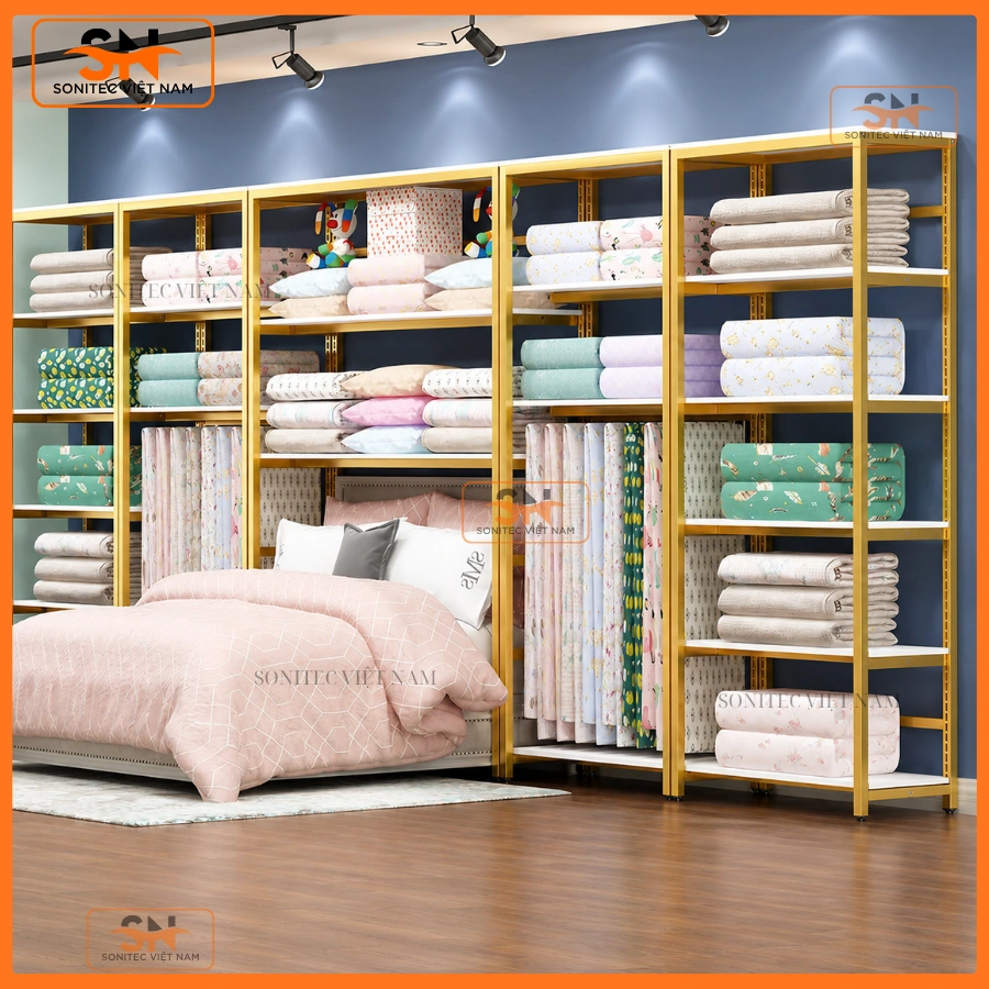 Giá kệ để chăn ga gối đệm cho showroom
