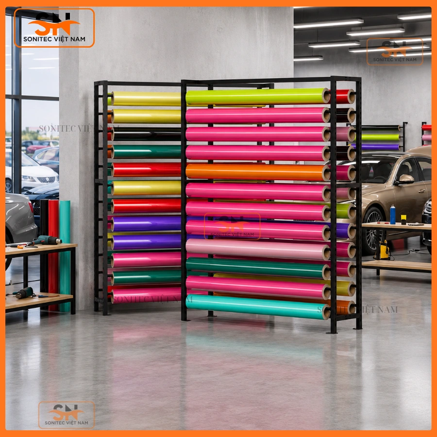 Kệ trưng cuộn decal cho showroom