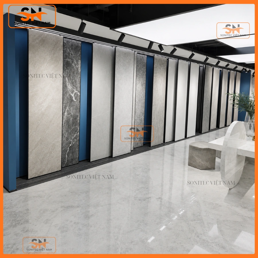 Mẫu kệ trưng bày gạch dạng trượt cho showroom