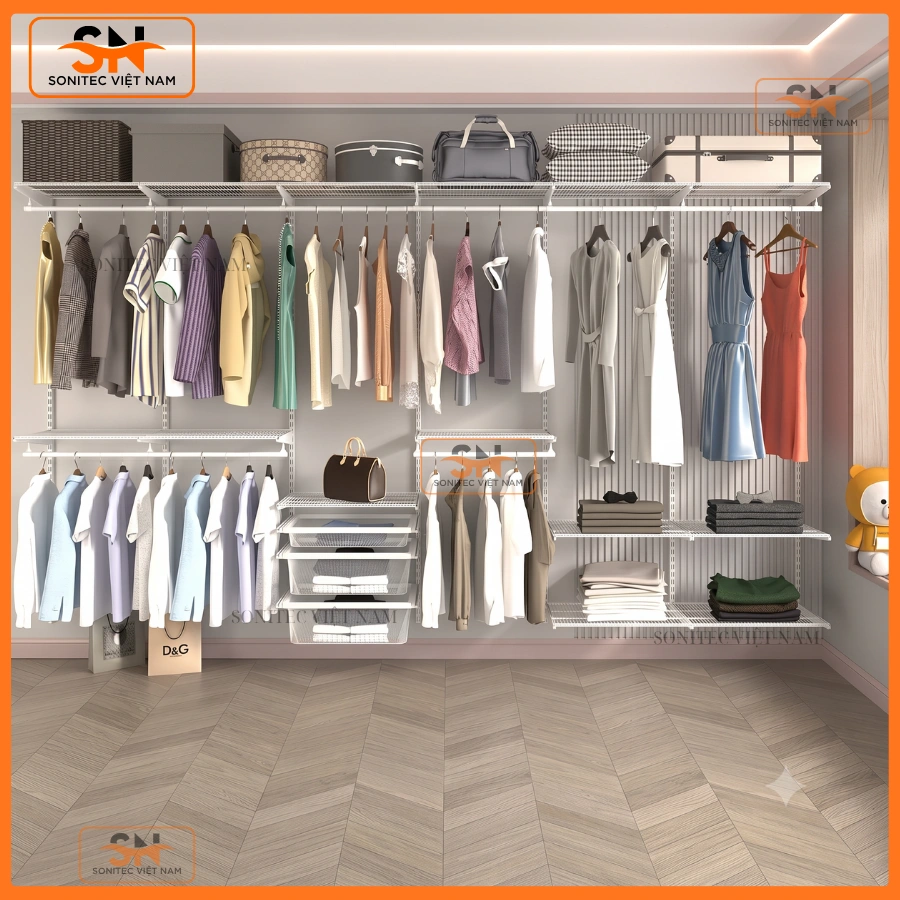 Mẫu tủ kệ thanh ray quần áo đẹp, chắc chắn