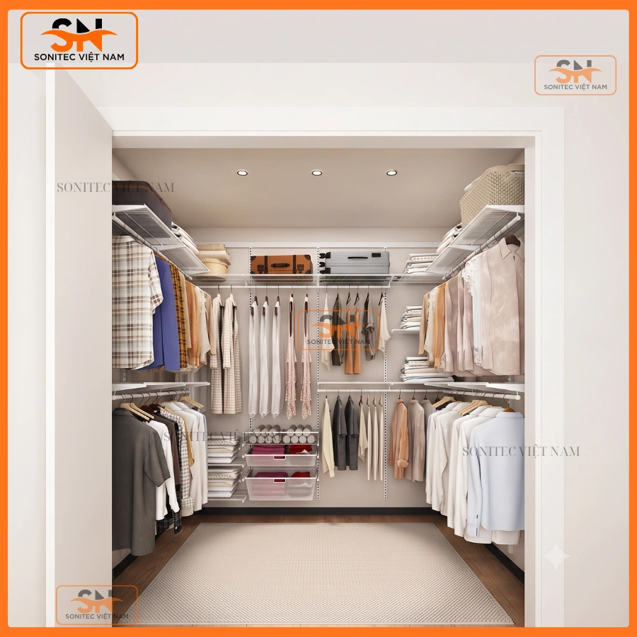 Mẫu tủ kệ thanh ray quần áo đẹp Sonitec