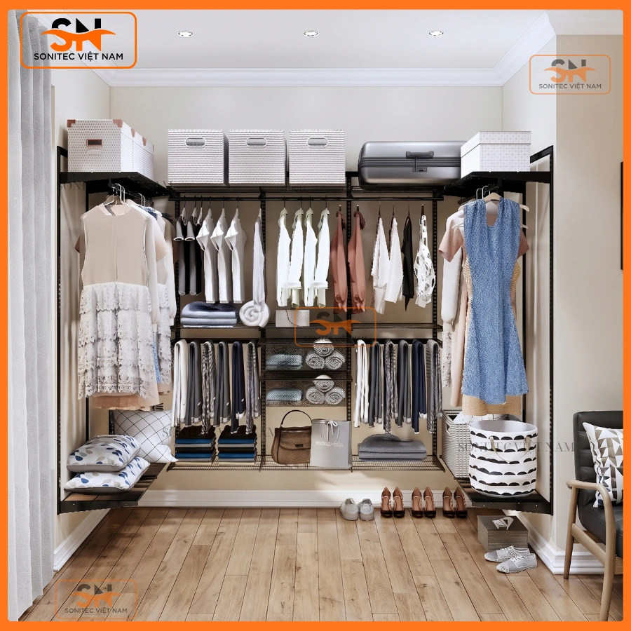 Mẫu tủ kệ thanh ray quần áo đẹp, dễ lắp đặt 