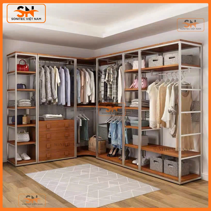 Tủ quần áo gia đình khung sắt mâm gỗ