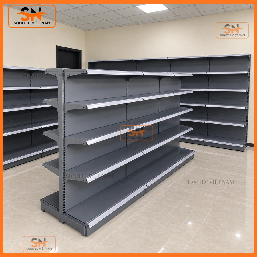 Kệ đôi giữa nhà trưng bày đa dạng hàng hóa