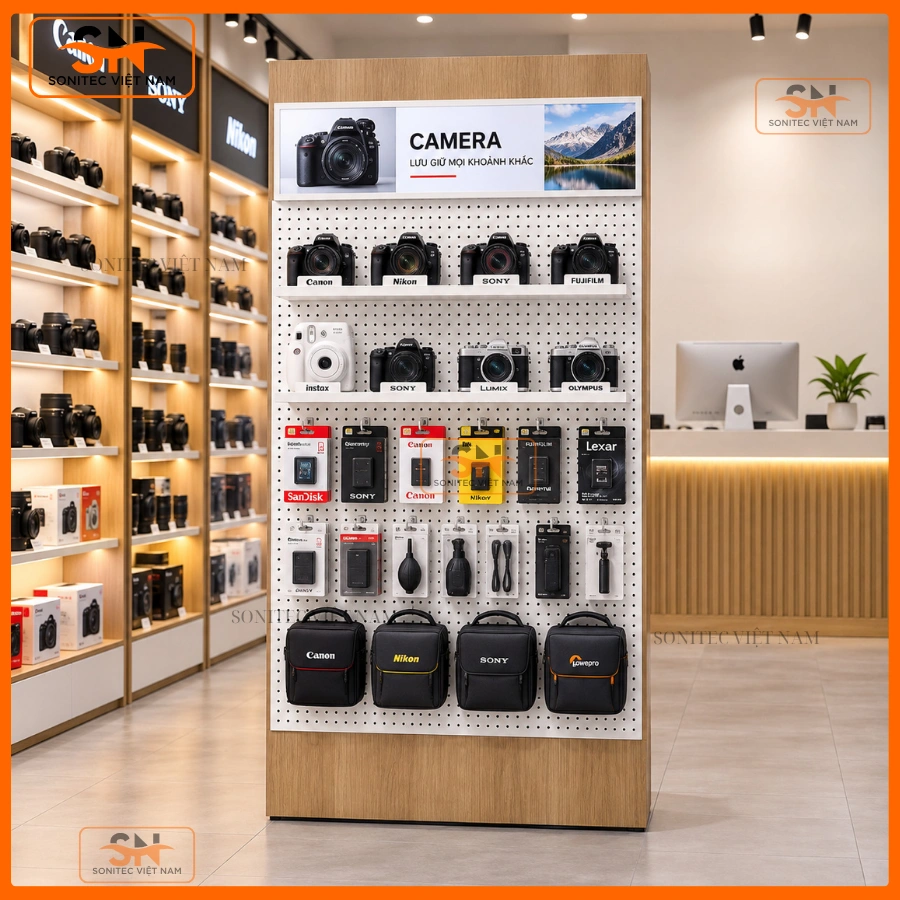 Thiết kế kệ trưng bày camera và máy ảnh có điểm nhấn