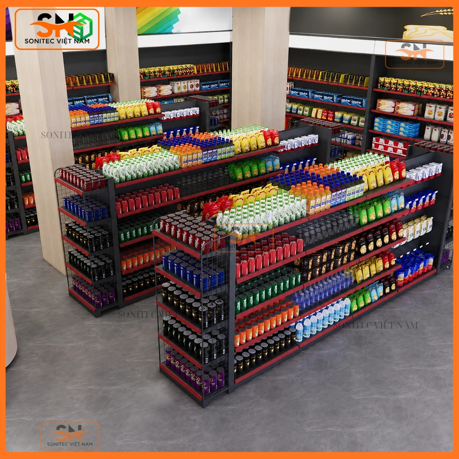 Cách sắp xếp cửa hàng tạp hóa đẹp đòi hỏi kết hợp giữa kệ siêu thị với nguyên tắc luồng thị giác