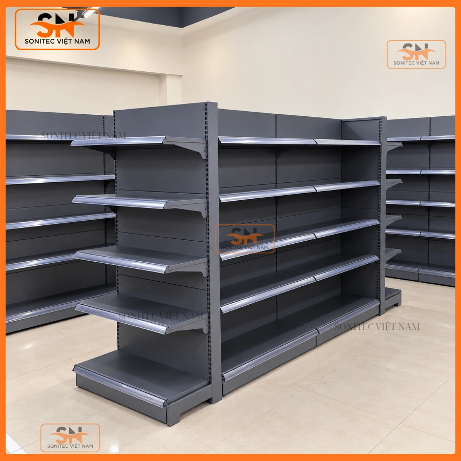 Giải pháp setup cửa hàng tạp hóa nhỏ hẹp 35m2 bằng kệ siêu thị tôn liền Sonitec chịu tải cao