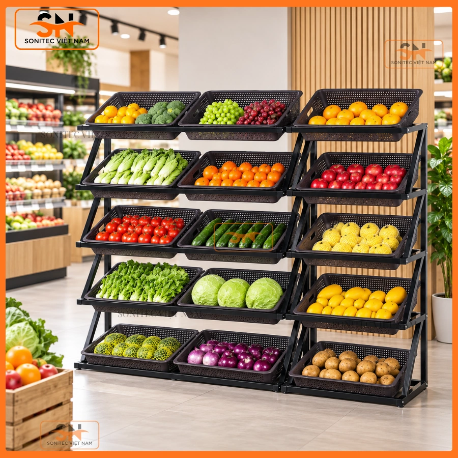 Thiết kế kệ trưng bày rau củ quả siêu thị mini khung sắt sơn tĩnh điện khay nhựa tháo rời