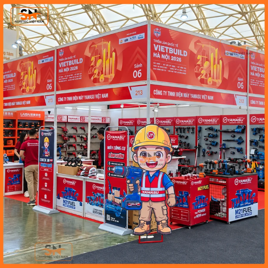 Toàn cảnh gian hàng triển lãm Yamasu tại Canton Fair Quảng Châu sử dụng hệ kệ Sonitec sản xuất