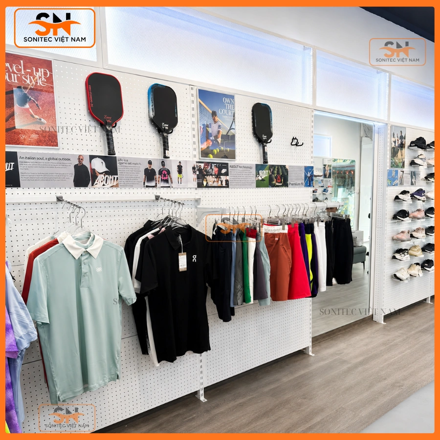 Kệ thể thao kết hợp móc treo trưng bày quần áo