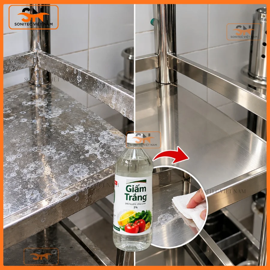 Xử lý triệt để vết nước cứng và cặn canxi trắng trên kệ Inox bằng giấm trắng
