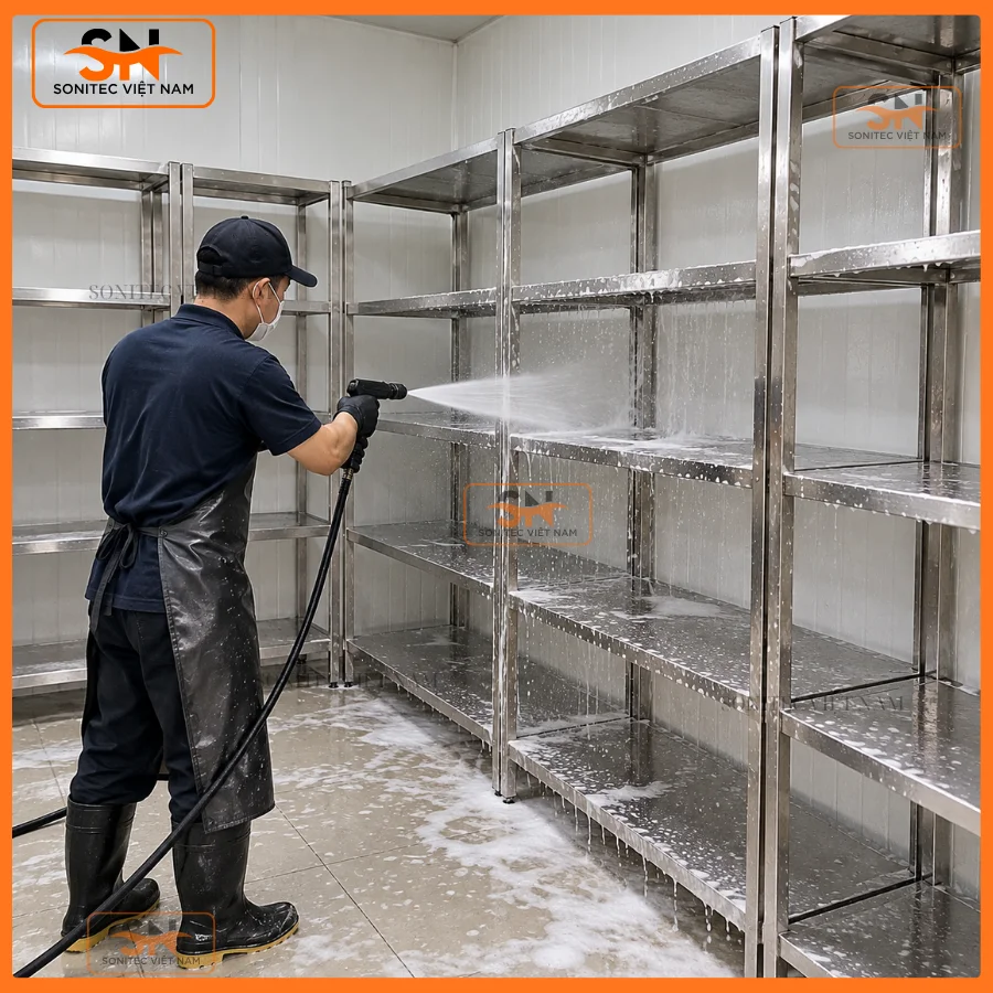 Quy trình chuẩn 5 bước làm sạch định kỳ không làm xước bề mặt kệ Inox